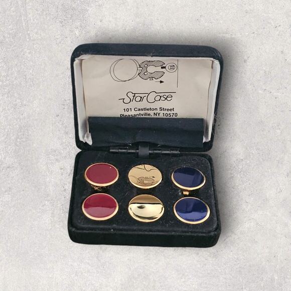 Vintage 3 Pairs Button Links Star Case in Case Gold Tone - Picture 1 of 8